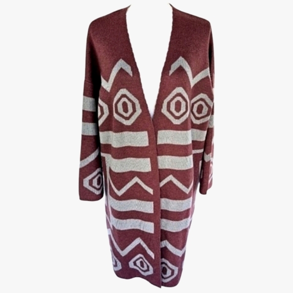 YeMak Sweater Wmns Tribal Boho Cardigan Slouchy Coat Long Sleeve Burgundy SzS/M - Picture 3 of 12